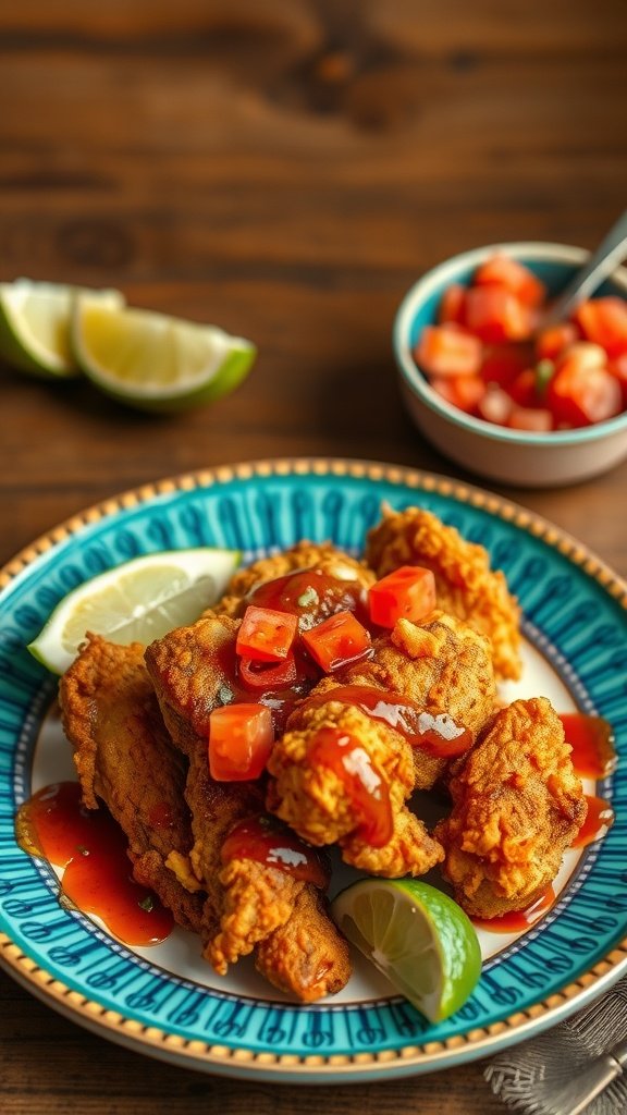Plate of Mexican Pollo Frito with chipotle sauce, garnished with lime and tomatoes