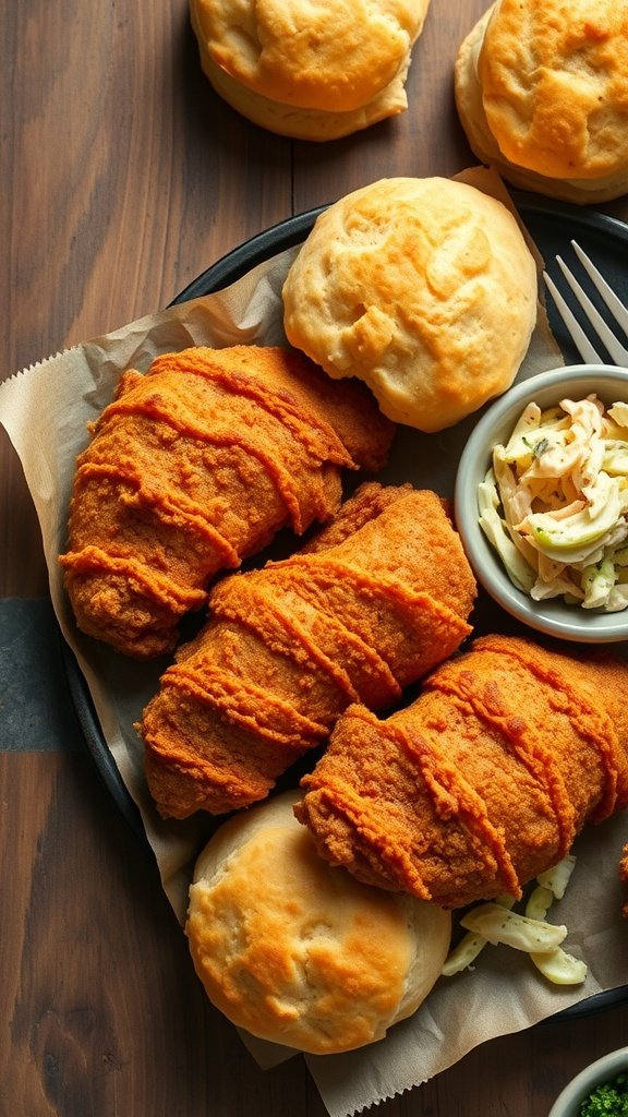 Plate of Southern Buttermilk Fried Chicken with biscuits and coleslaw